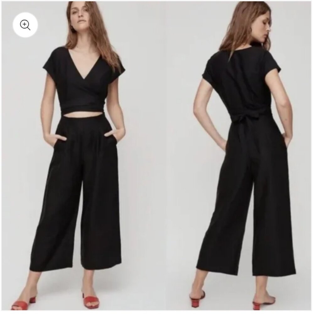 Aritzia Black Sleeveless Jumpsuit linen wide leg wrap top office casual neutral